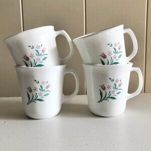 Vintage 80s Corningware Rosemarie Mugs Floral Print White Milk Glass Set of 4